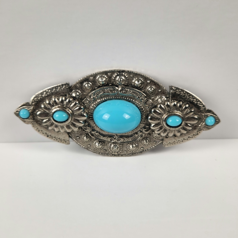 Silver Tone Blue‎ Stone Brooch Statement Piece Vintage Rodeo Southwestern Large
